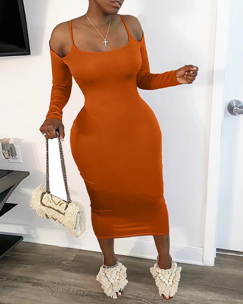 

Cold Shoulder Solid Long Sleeve Fitted Dress, Orange