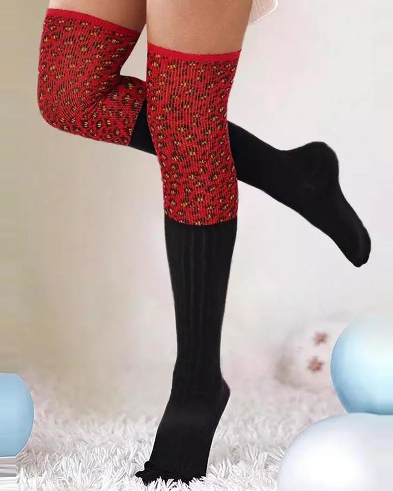 

1Pair Colorblock Warm Thigh-High Winter Socks, Red