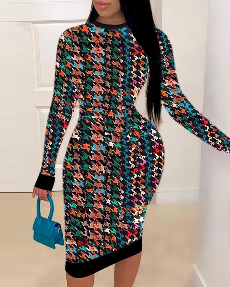 

Plus Size Houndstooth Print Long Sleeve Bodycon Dress, Multicolor