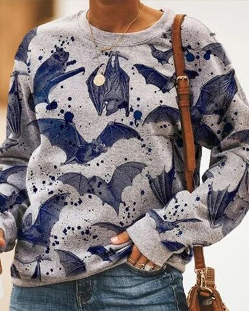 

Halloween Bat Print Long Sleeve Sweatshirt, Gray