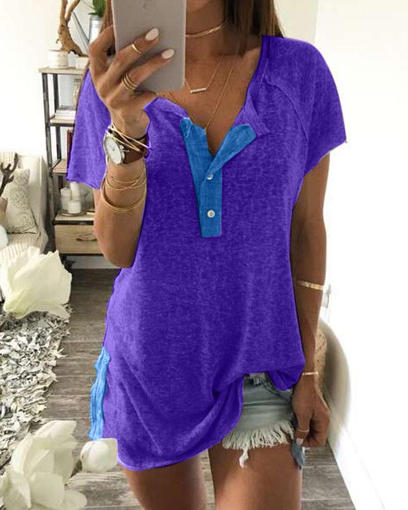 

Half Button Contrast T-Shirt, Purple
