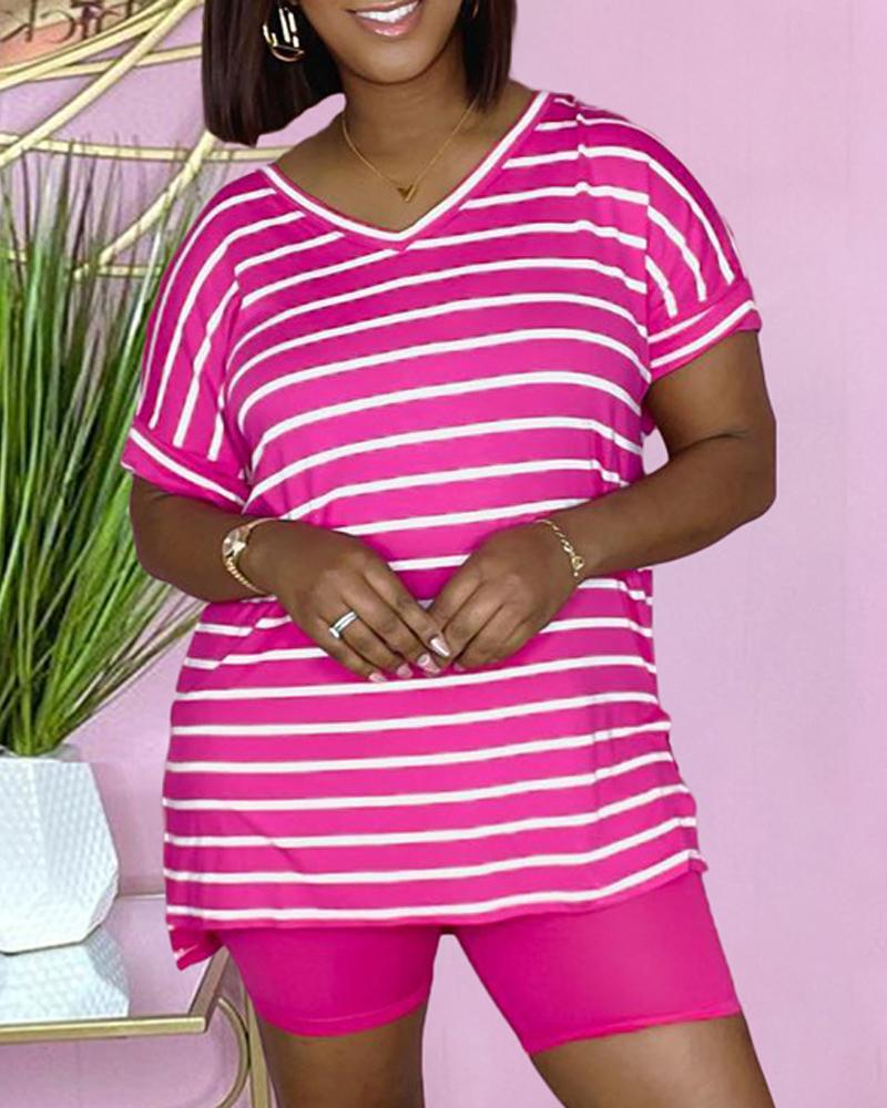 

Striped Print Split Hem V-Neck Top & Shorts Set, Pink