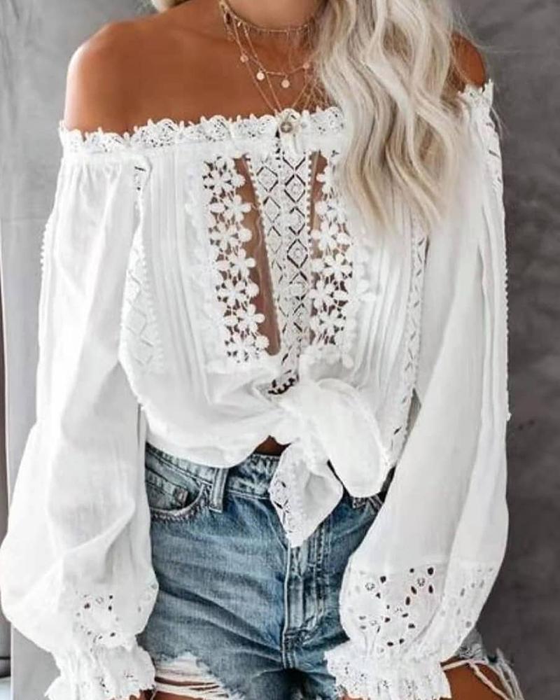 

Off Shoulder Floral Lace Eyelet Embroidery Top, White