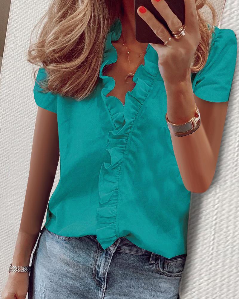 

Short Sleeve Ruffle Hem V-Neck Top, Green