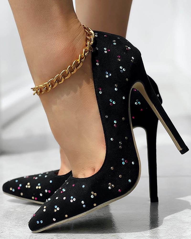 

Rhinestone Decor Stiletto Heel Pumps, Black