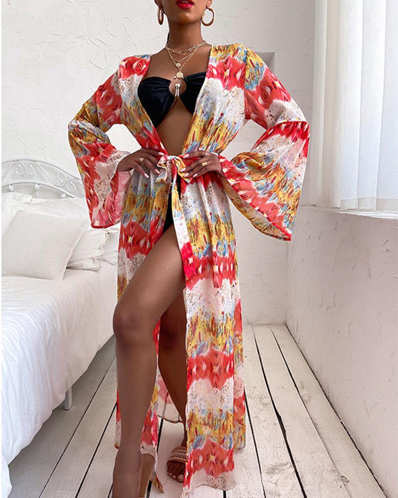 

Floral Print Long Sleeve Lace-up Cover-up Overshirts Coats, Red