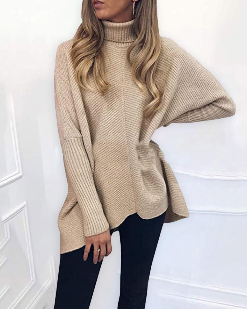 

Turtle Neck Plain Bat Wing Sleeve Sweater, Apricot