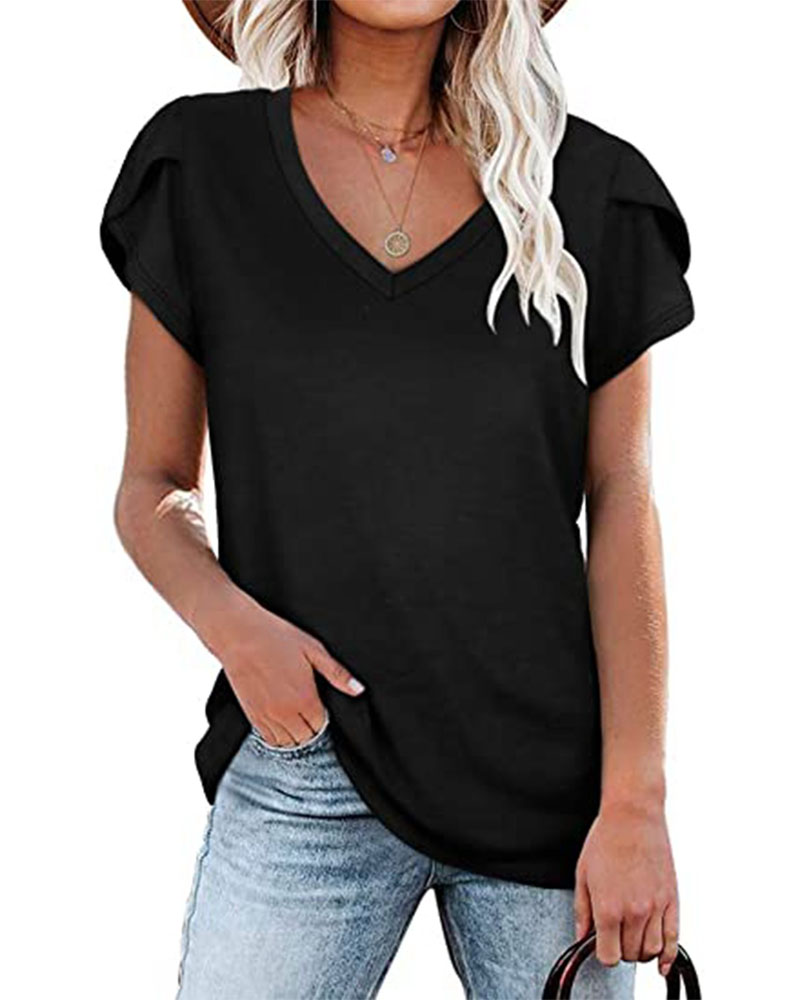 

Petal Short Sleeve V-Neck Casual T-shirt, Black