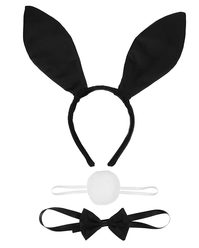 

3pcs Rabbit Ear Headband Nose Tail Bowknot Tie Halloween Kids' Costume Accessories Set, Black