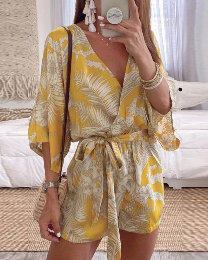 

Plants Print V-Neck Tied Detail Half Sleeve Romper, Yellow