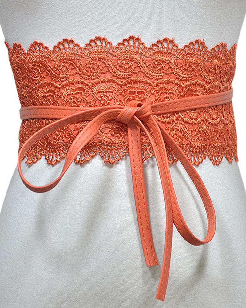 

Tied Detail Lace Trim Waist Belt, Orange