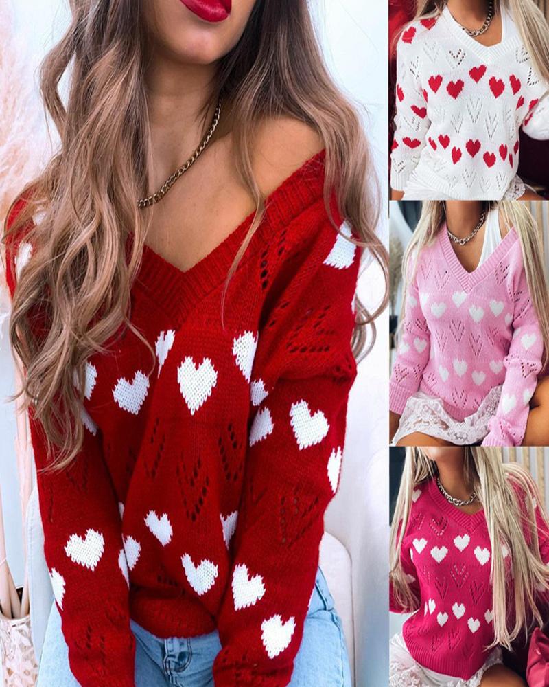 

V-Neck Heart Print Hollow Out Sweater, Red