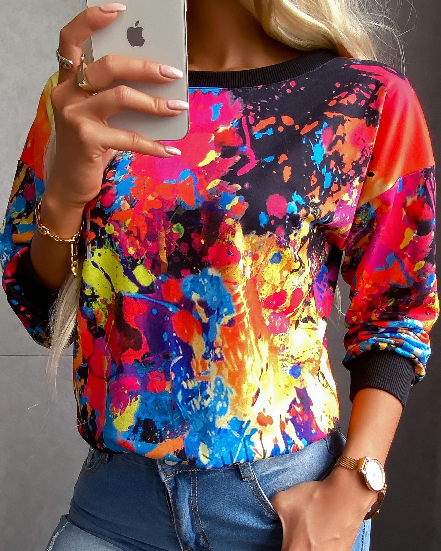 

Tie Dye Print Colorblock Casual Top, Black