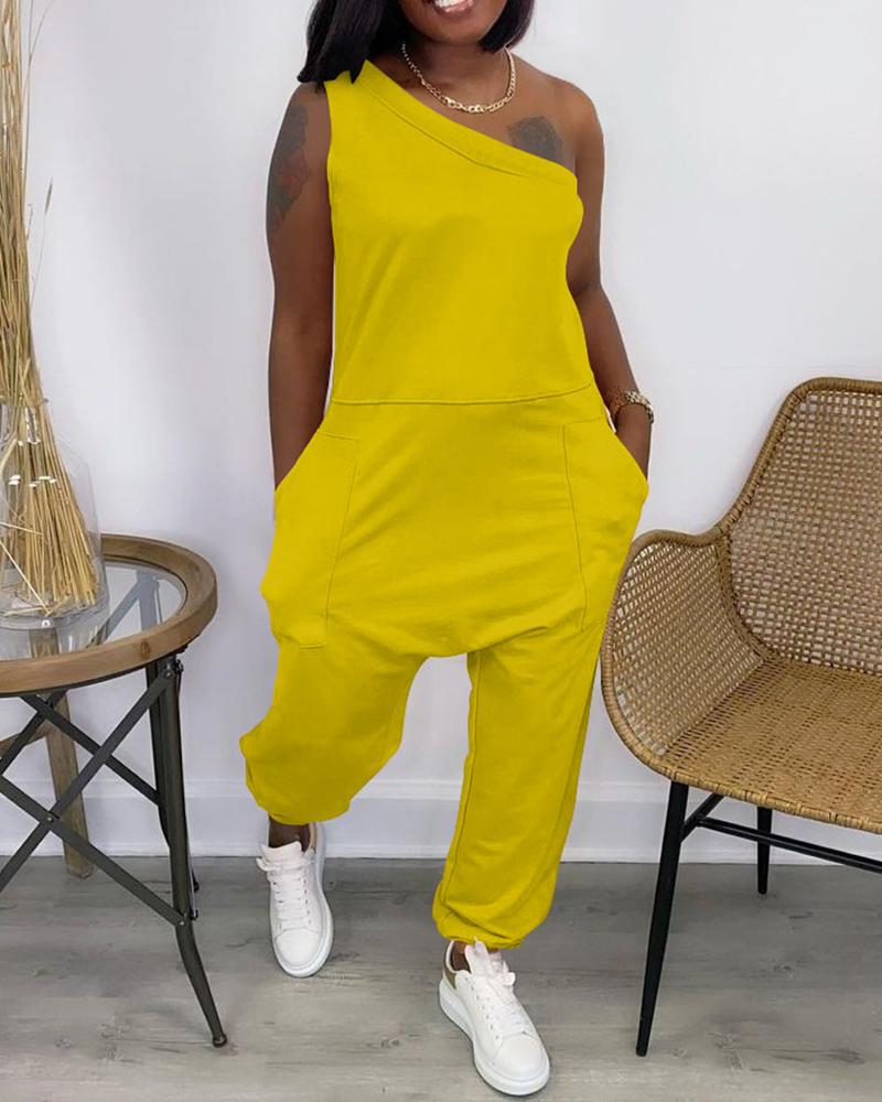 

One Shoulder Pocket Design Casual Jumpsuit, Yellow