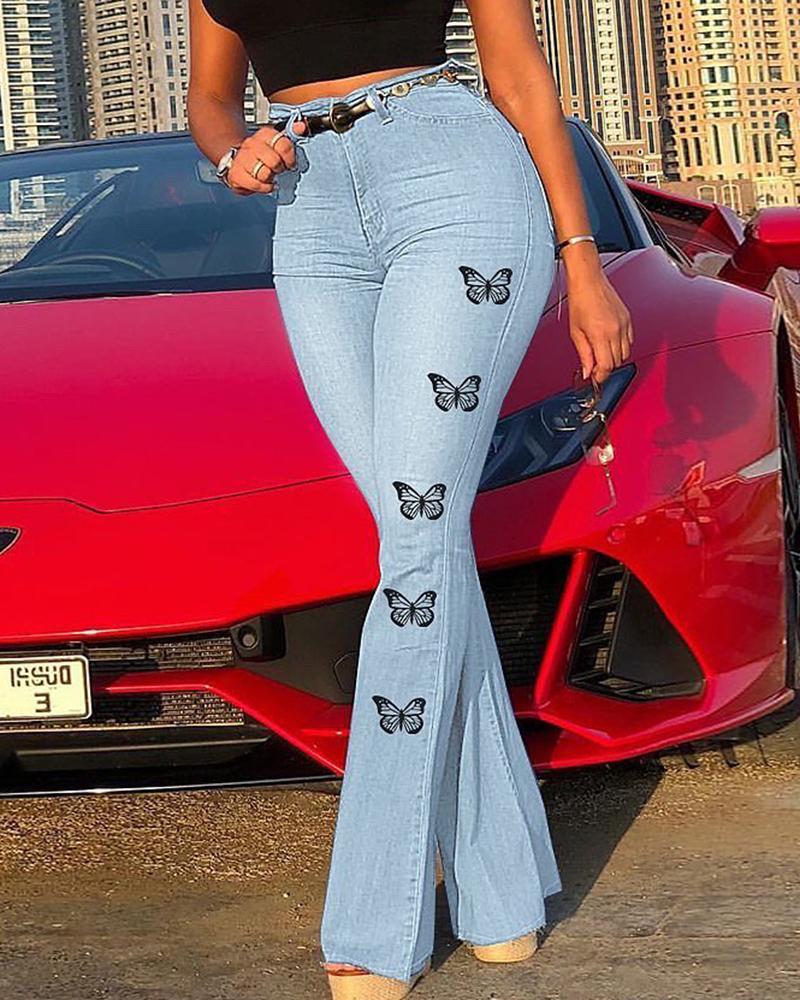 

Butterfly Print High Waist Bootcut Jeans, Lighted blue