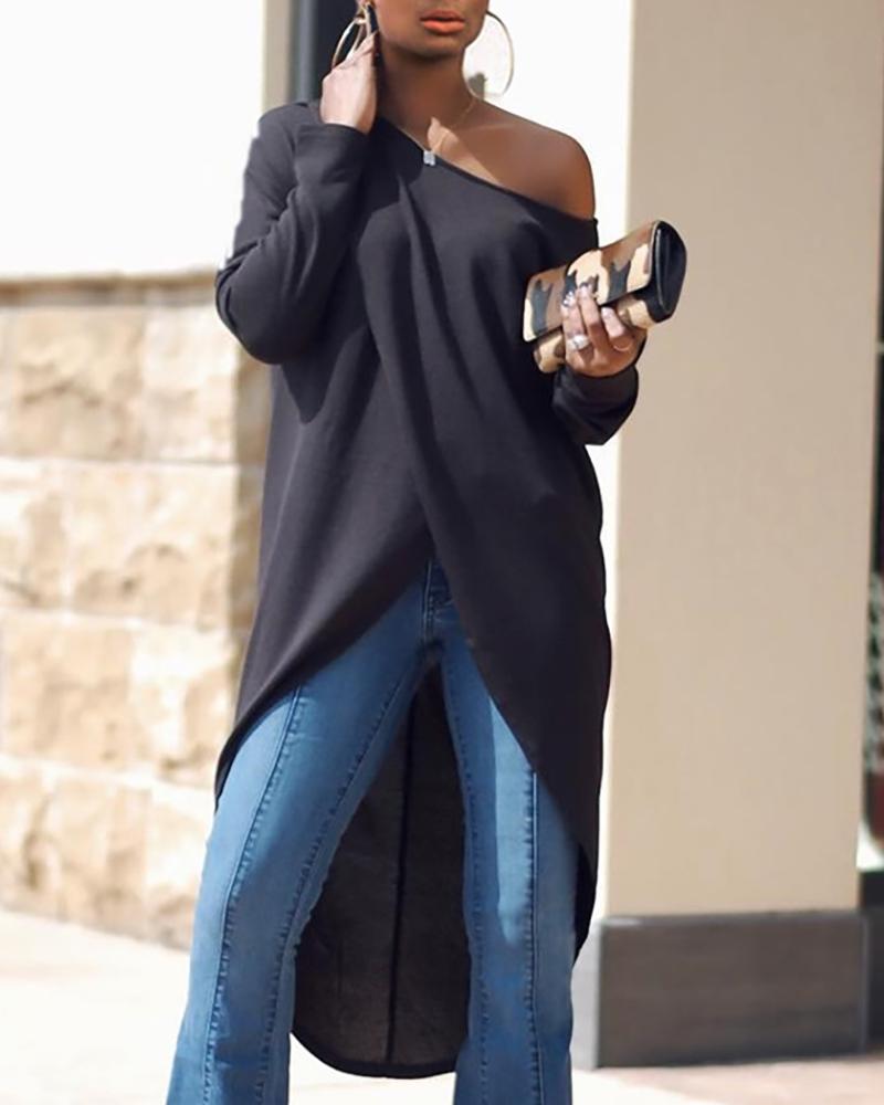

Long Sleeve Asymmetrical Hem Top, Black