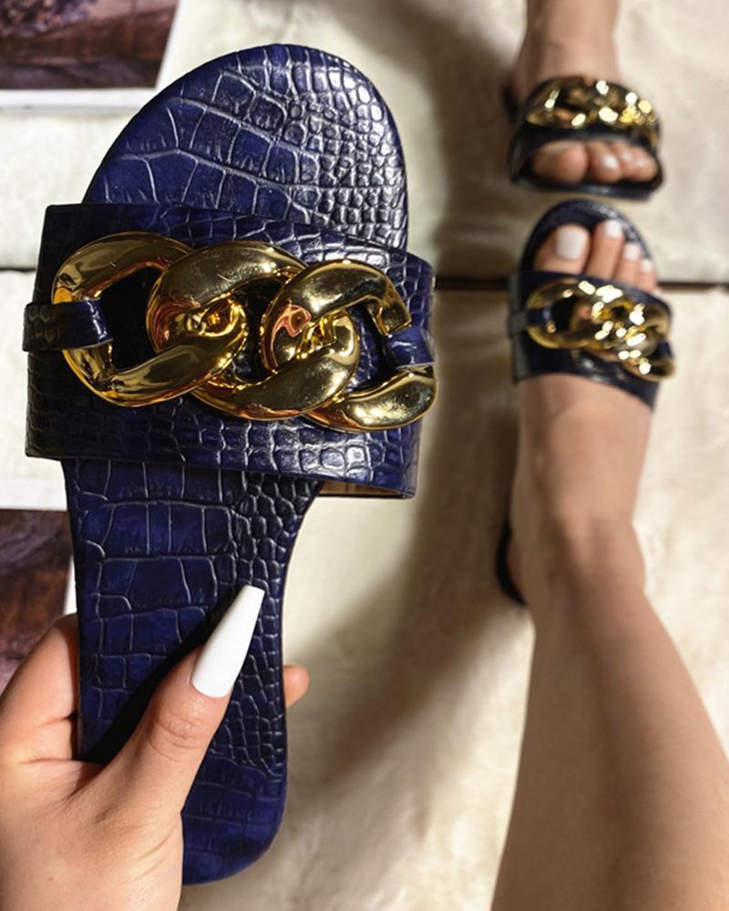 

Metallic Chain Patchwork Round-toe Flat Sandals, Blue