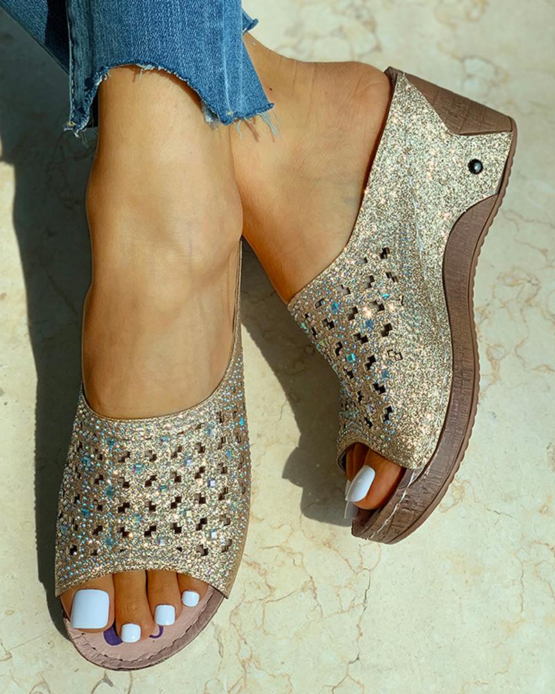 

Studded Hollow Out Wedge Heeled Sandals, Gold
