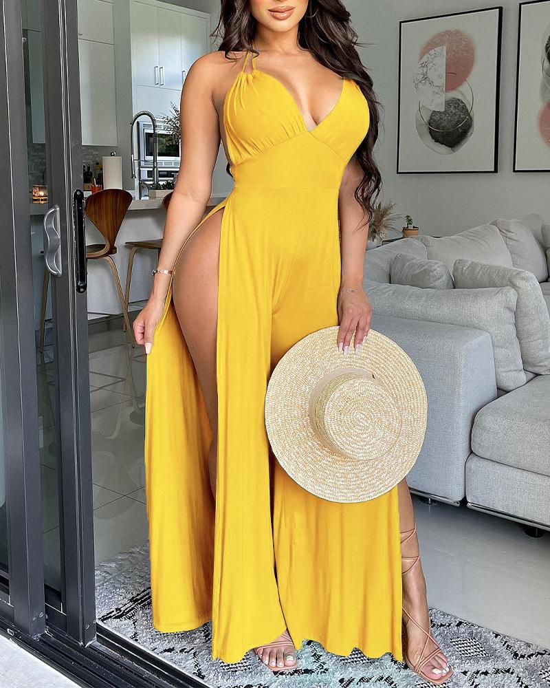 

Halter High Slit Wide Leg Jumpsuit, Yellow