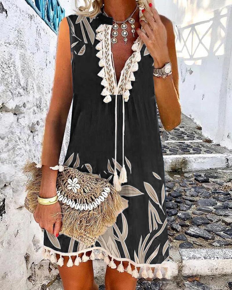 

Plants Print Tassel Decor Sleeveless Casual Dress, Black