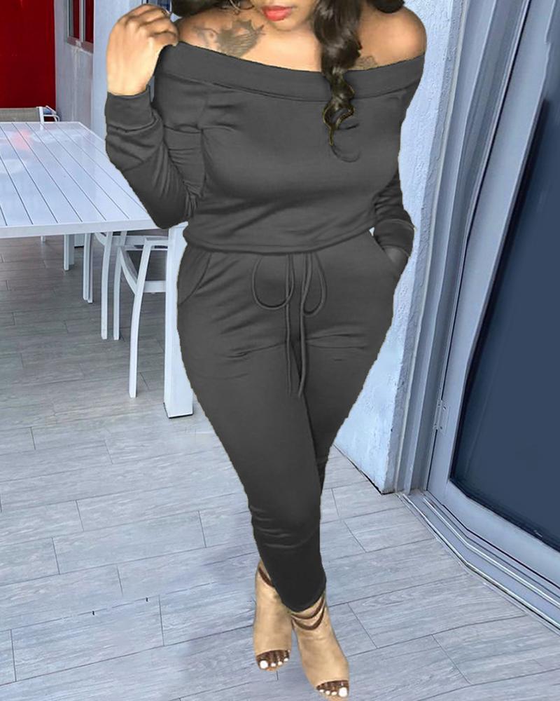 

Off Shoulder Plain Top & Drawstring Pants Set, Black