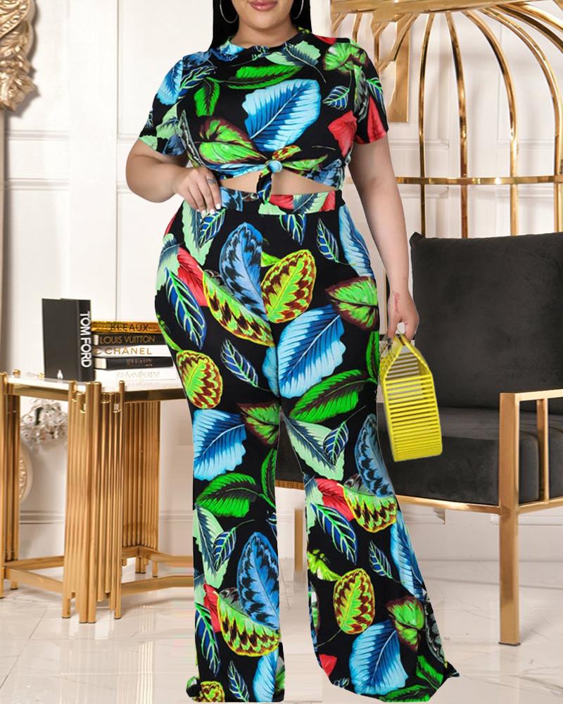 

Plus Size Leaf Print Casual Top & Pants Set, Green
