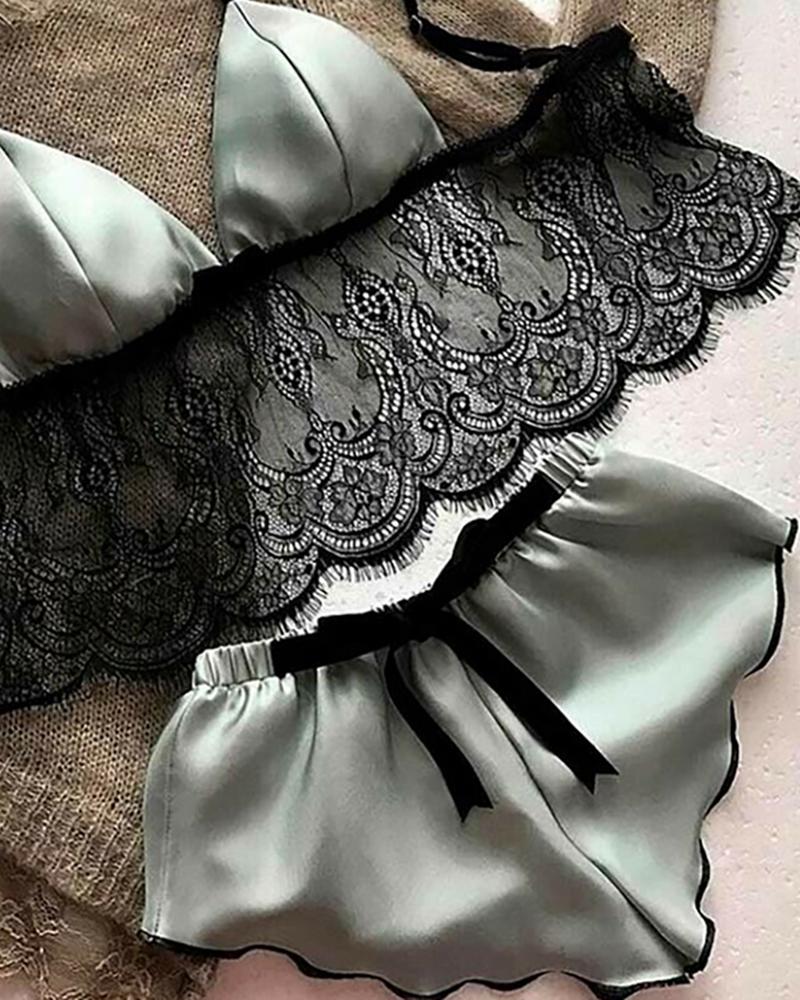

Lace Trim Satin Cami Sets, Gray