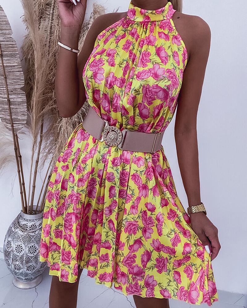 

Floral Print Pleated Casual Dress Without Belt, Yellow