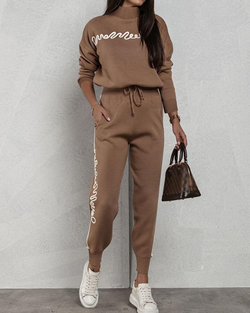 

Letter Patch Long Sleeve Top & Drawstring Pants Set, Khaki