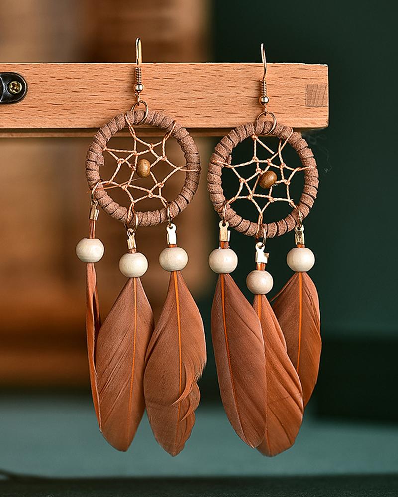 

1Pair Beaded Feather Decor Dream Catcher Shaped Drop Earrings, Brown