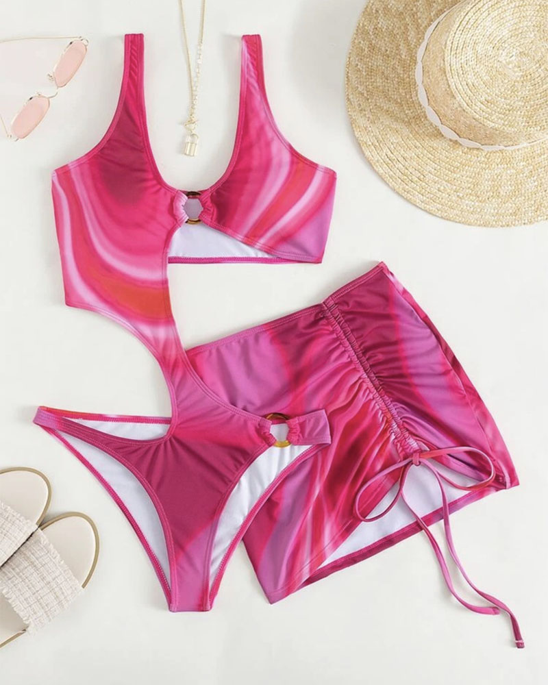

Marble Print O-Ring One-Piece Swimsuit With Cover Up, Pink
