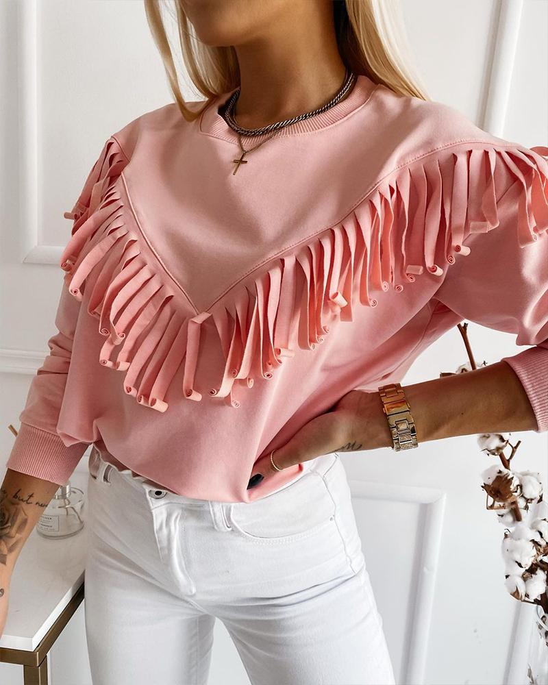 

Chevron Tassel Drop Shoulder Top, Pink