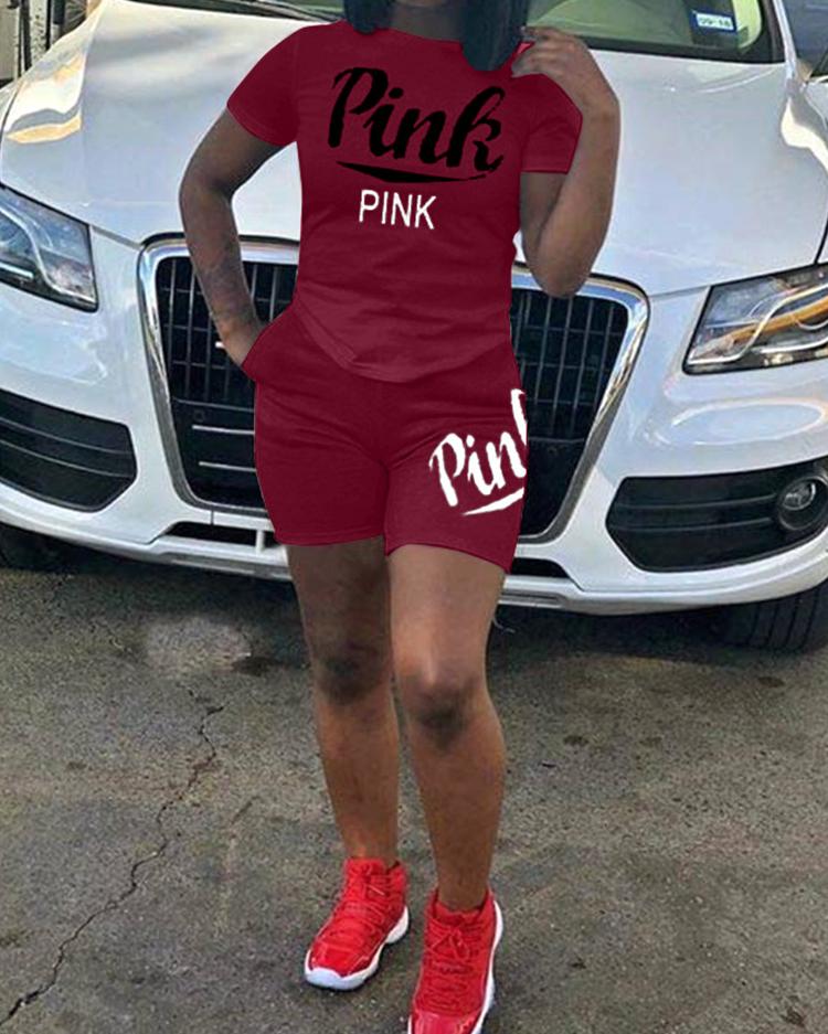 

Letter Print Short Sleeve Tracksuit, Wine red