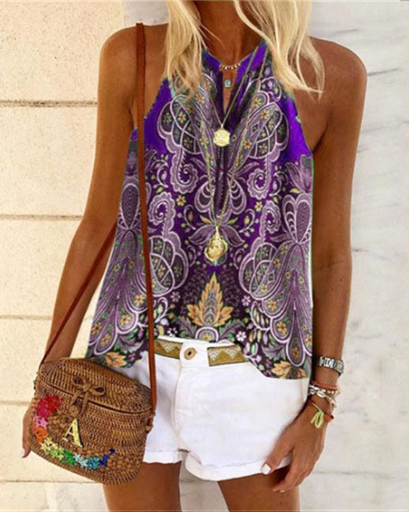 

Bohemian Tribal Print Casual Tank Top, Purple