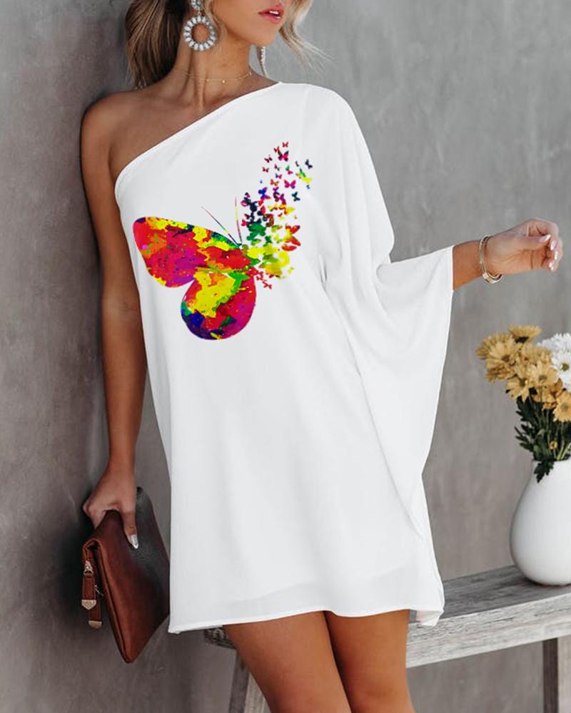

Butterfly Print One Shoulder Casual Dress, White