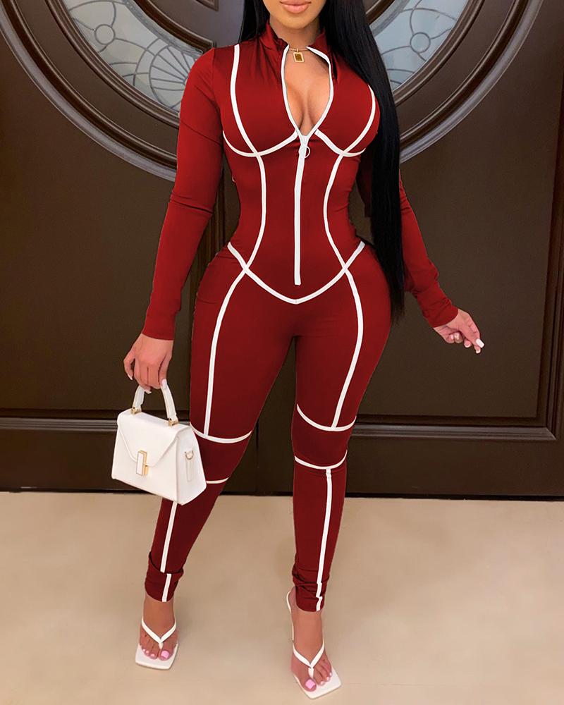 

Long Sleeve Zipper Design Skinny Jumpsuit, Red