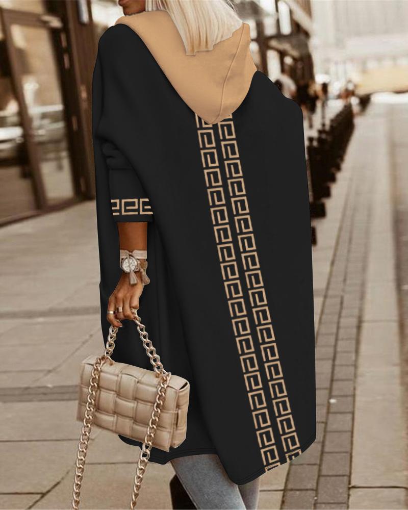 

Geometric Print Colorblock Hooded Longline Cardigan, Black