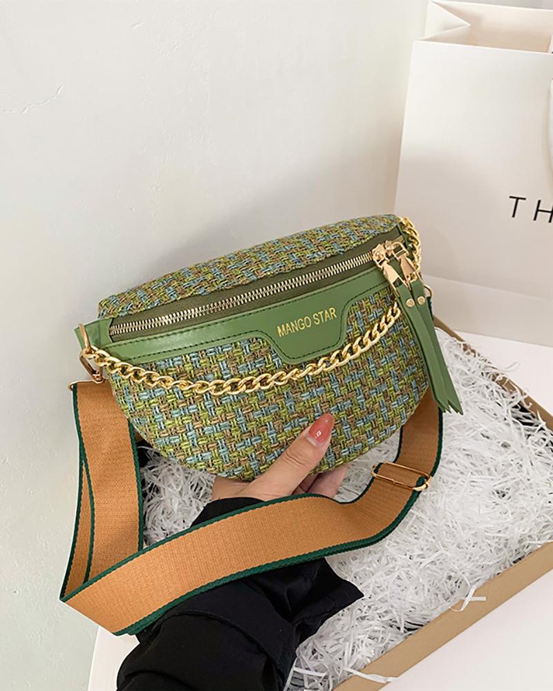 

Braided Zipper Design Chain Decor Crossbody Bag, Green