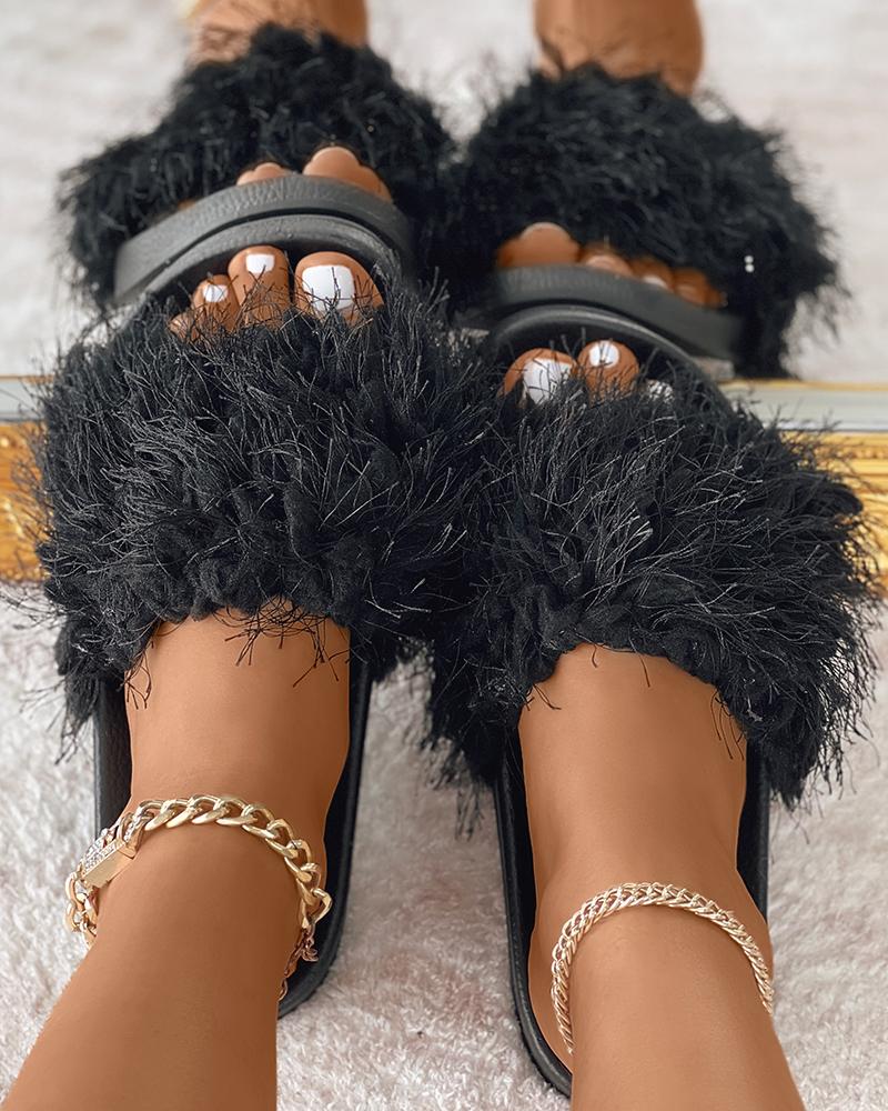 

Furry Fuzzy Round Toe Slippers, Black