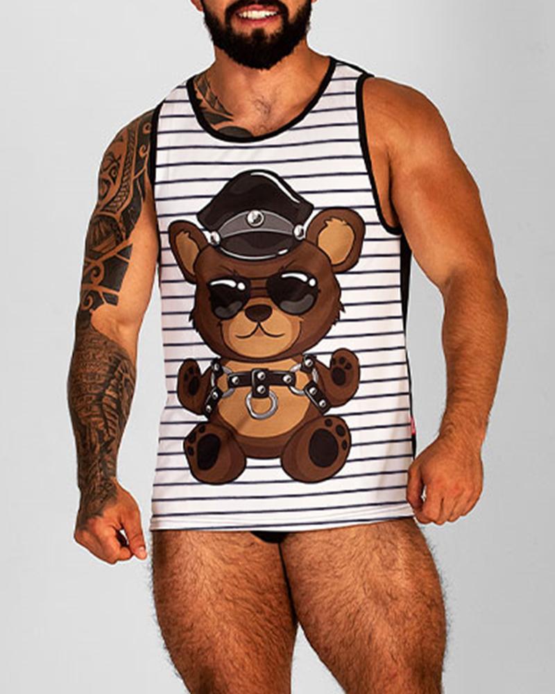 

Bear Print Cartoon Print Sleeveless Striped Tanks, White