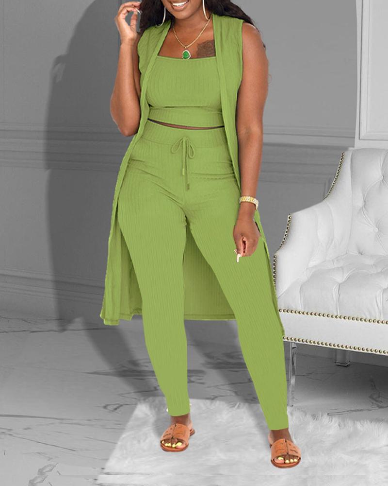 

3PCS Ribbed Crop Top & Pants Set With Vest Coat, Green