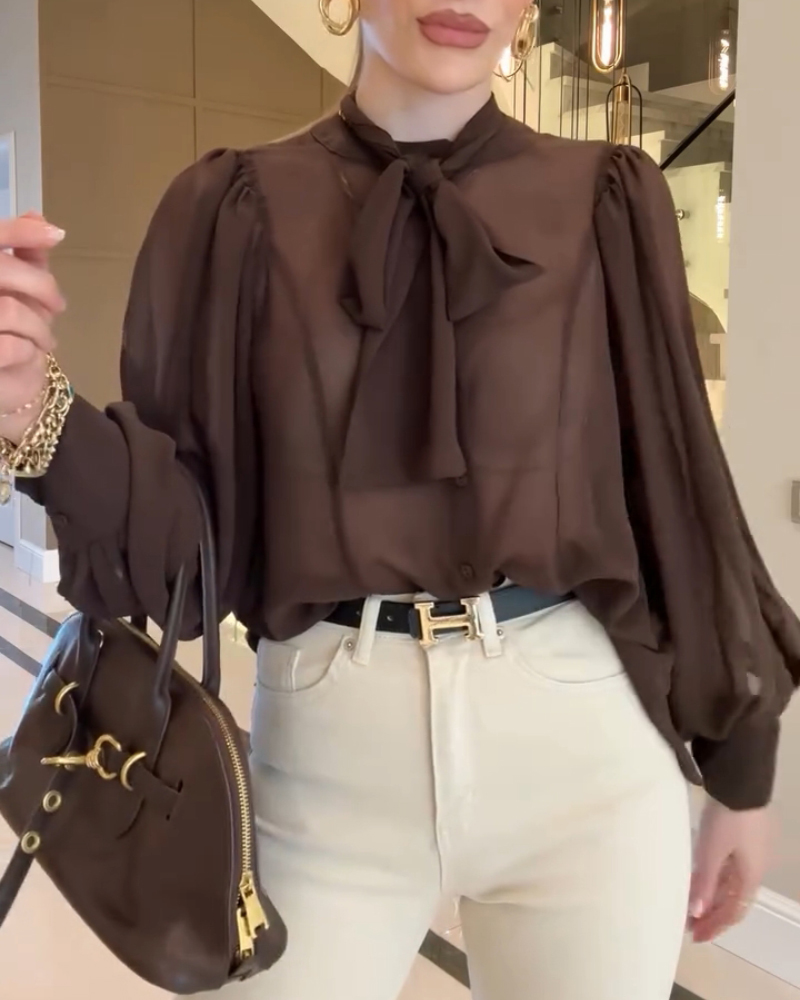 

Blusas casuais com gola amarrada e manga lanterna, Coffee