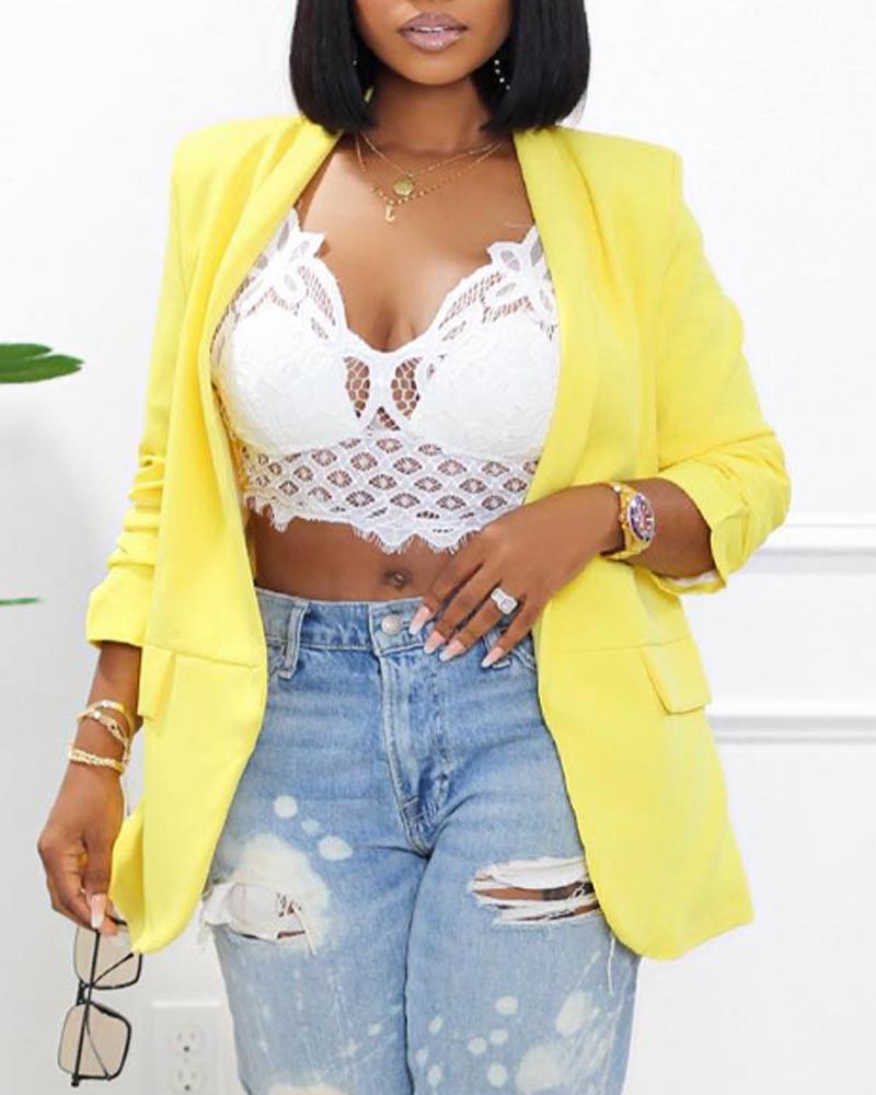 

Plain Shawl Collar Ruched Long Sleeve Blazer, Yellow
