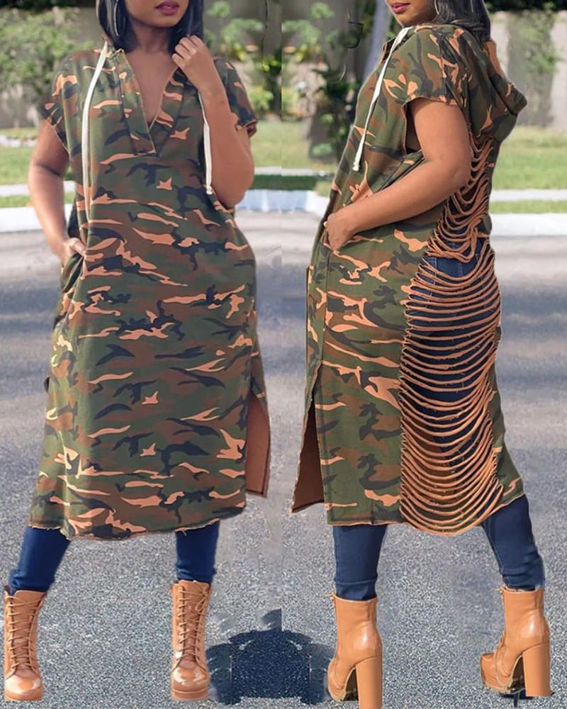 

Camouflage Print Slit Cutout Drawstring Sweatshirt Dress, Army green