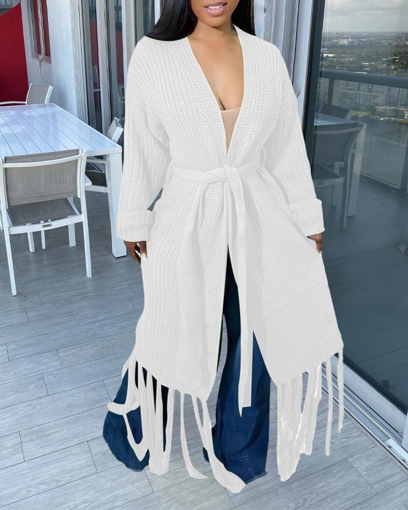 

Tassel Trim Open Front Chunky Knit Longline Cardigan, White