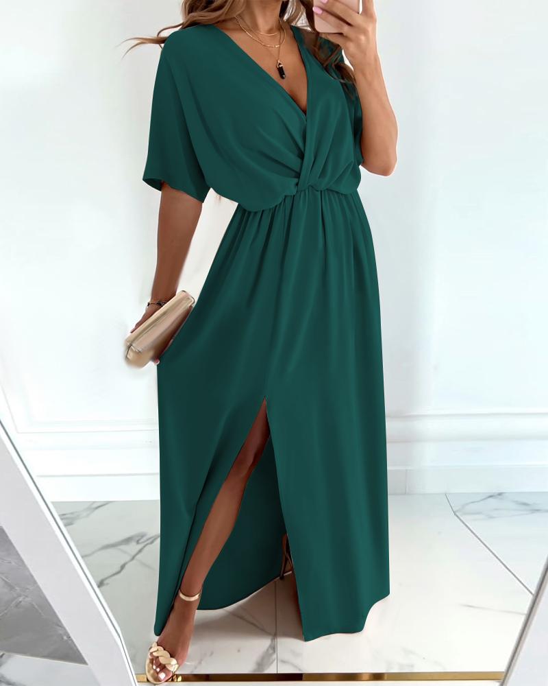 

V-Neck Split Thigh Wrap Maxi Dress, Green