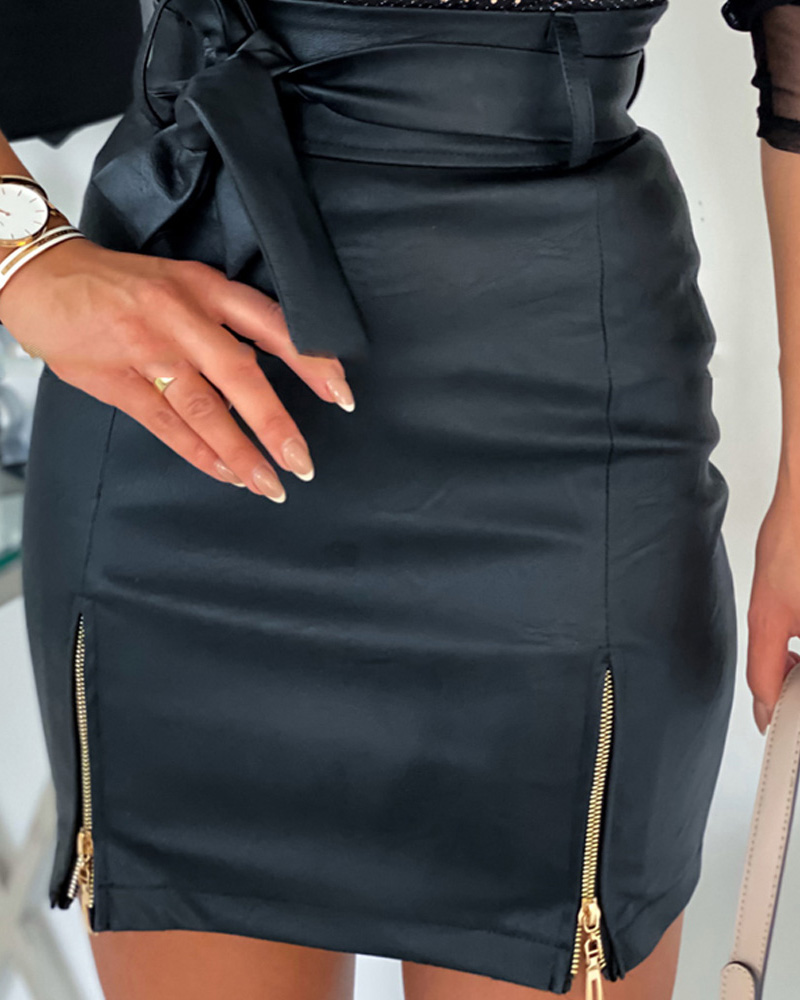 

Faux Leather Zipper Detail Mini Skirt, Black