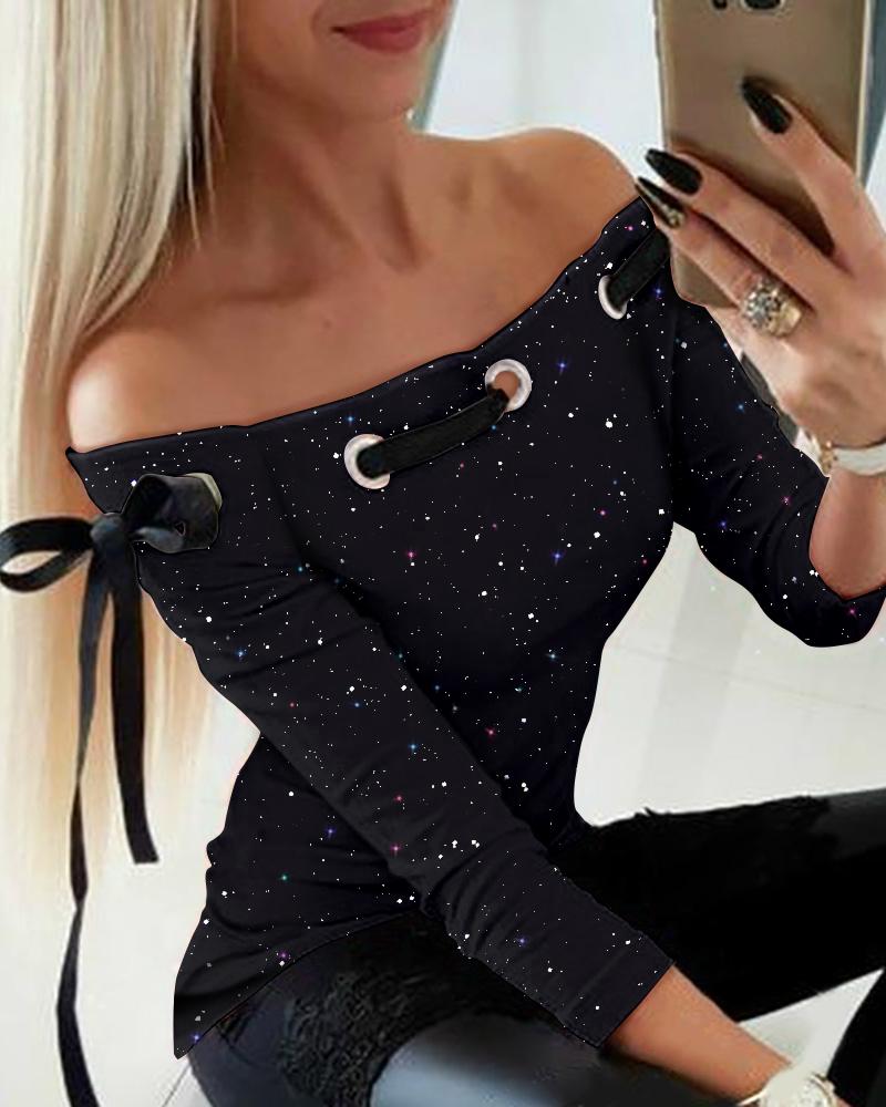 

Glitter Grommet Eyelet Tied Detail Off Shoulder Top, Black