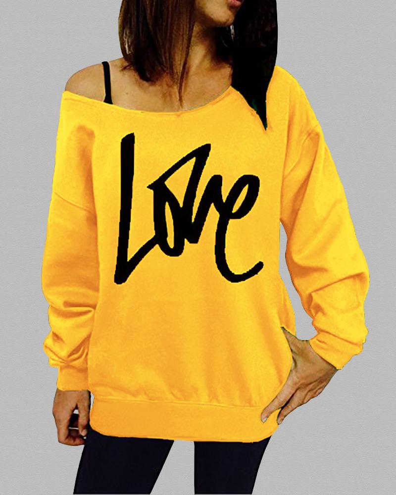 

Letter Print Long Sleeve Sweatshirt, Yellow
