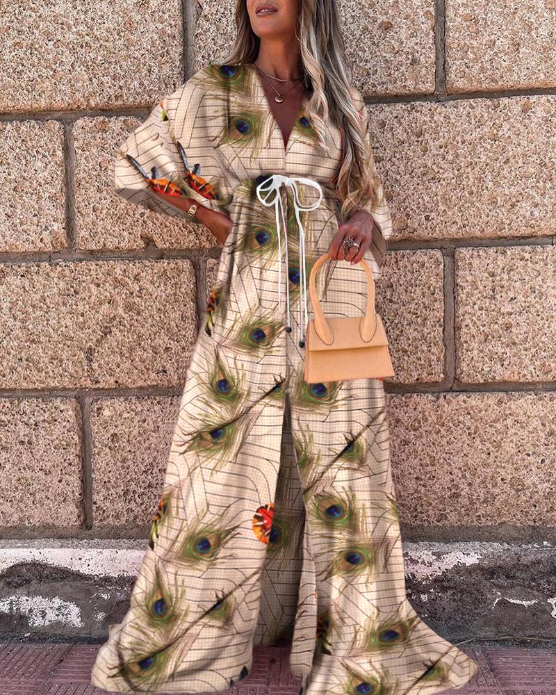 

Peacock Print Drawstring Ruched Slit Maxi Dress, Apricot